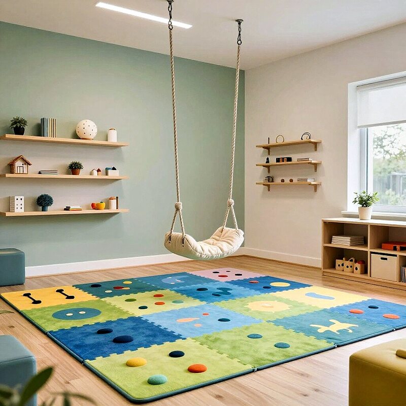Sensory therapy room with swing and play mat
